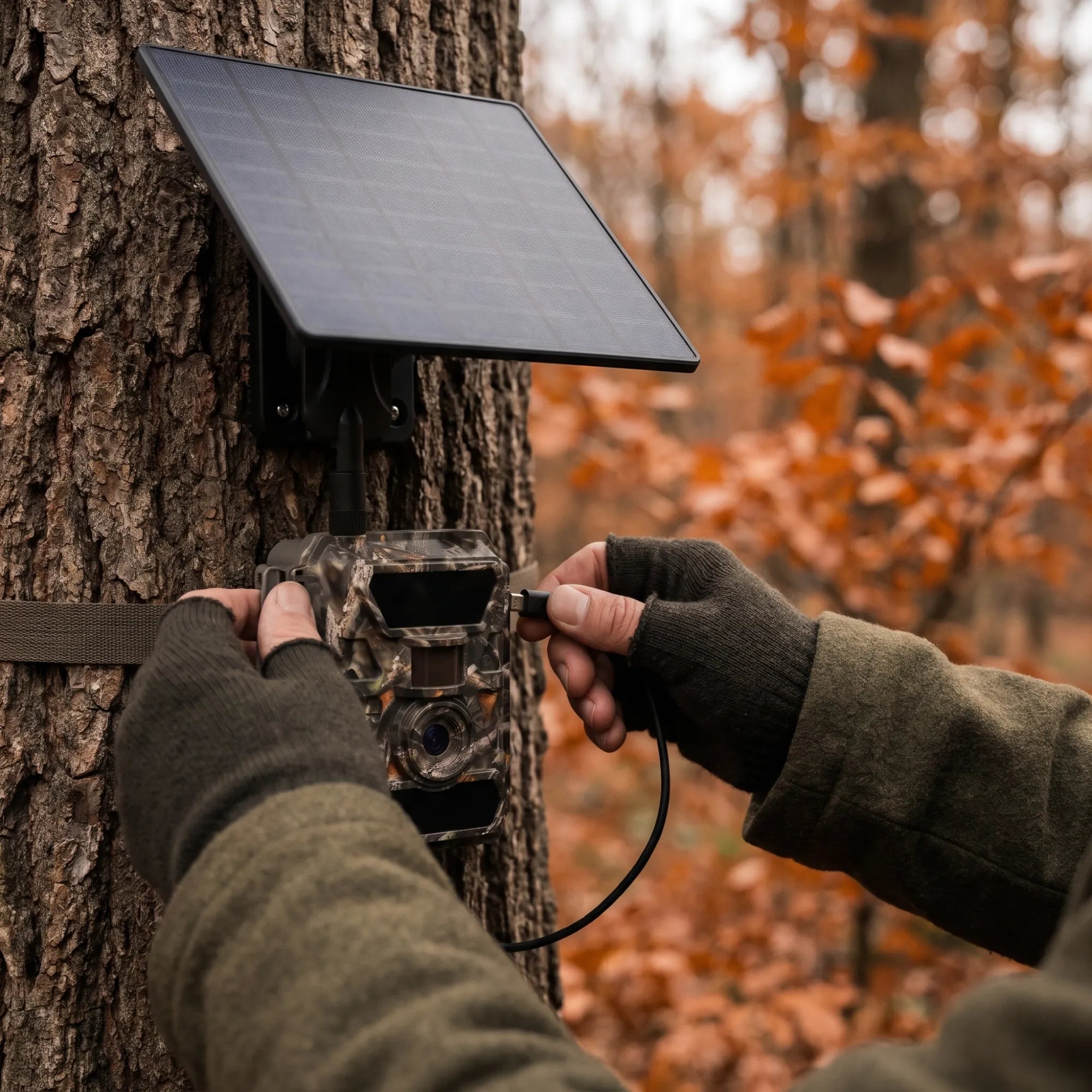 Solarpanel SP200 wird an die Wildkamera angeschlossen
